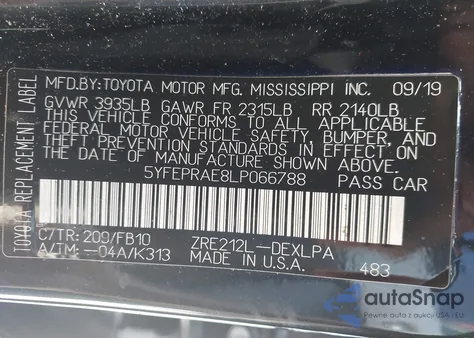 2020 Toyota Corolla Le from USA, damaged, VIN 5YFEPRAE8LP066788